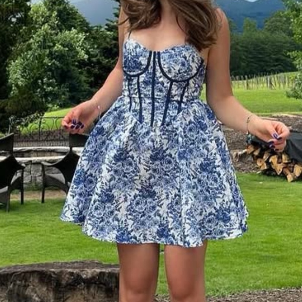 SHEIN Blue and White Floral Mini Dress
